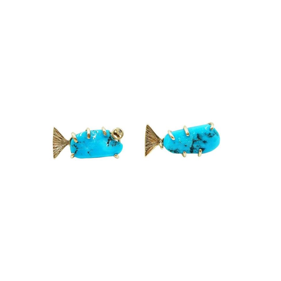 Jewelry * | Nested Yellow Jewelry 14K Yellow Gold Turquoise + Diamond Fish Earrings